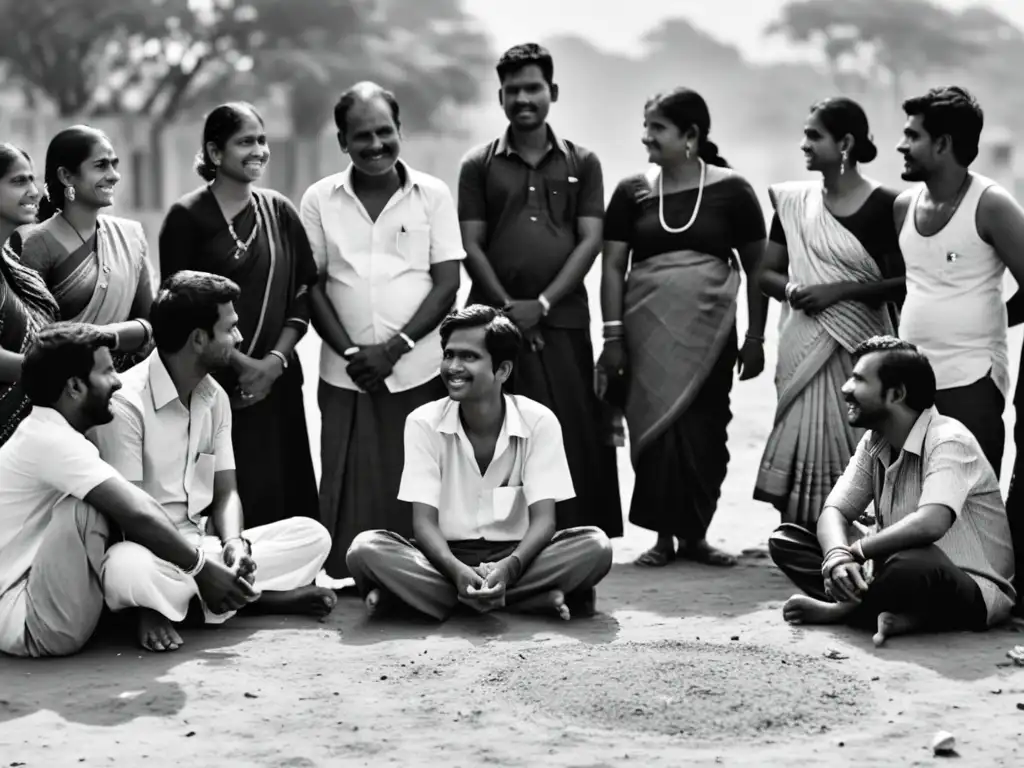 Retrato en blanco y negro de la comunidad Dalit de la India, reunida en círculo en una conversación