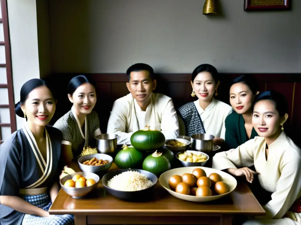 Un retrato en blanco y negro de personas vestidas con ropa tradicional indochina, compartiendo comida y bebida con expresiones de solemnidad y calidez