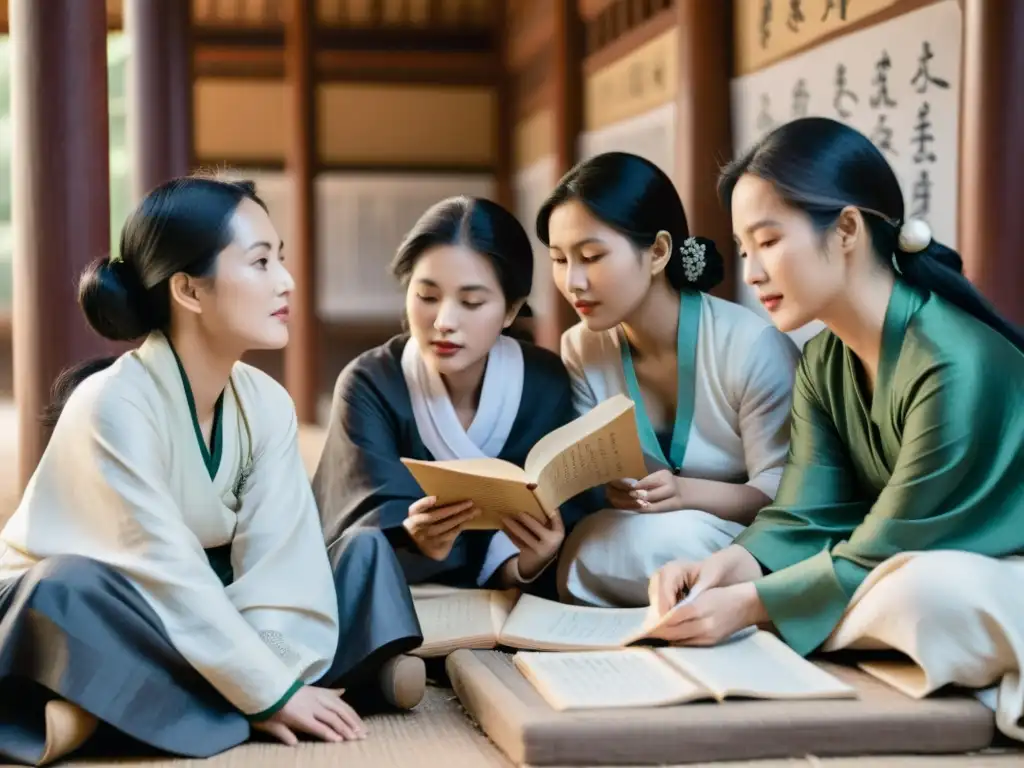 Mujeres poetas asiáticas en diálogo literario Un retrato en blanco y negro de poetisas olvidadas de Asia, reunidas en un entorno tradicional, compartiendo sus escritos a mano