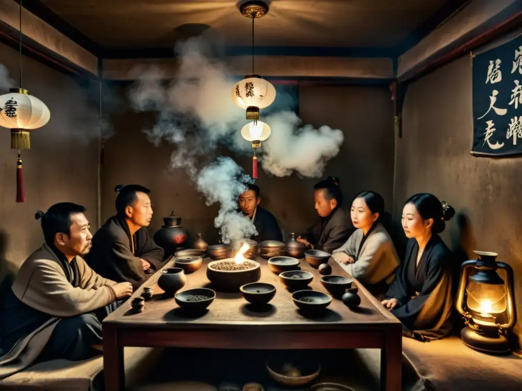 Retrato en blanco y negro de una sala de opio durante la dinastía Qing, con personas en diferentes estados de intoxicación, rodeadas por el humo