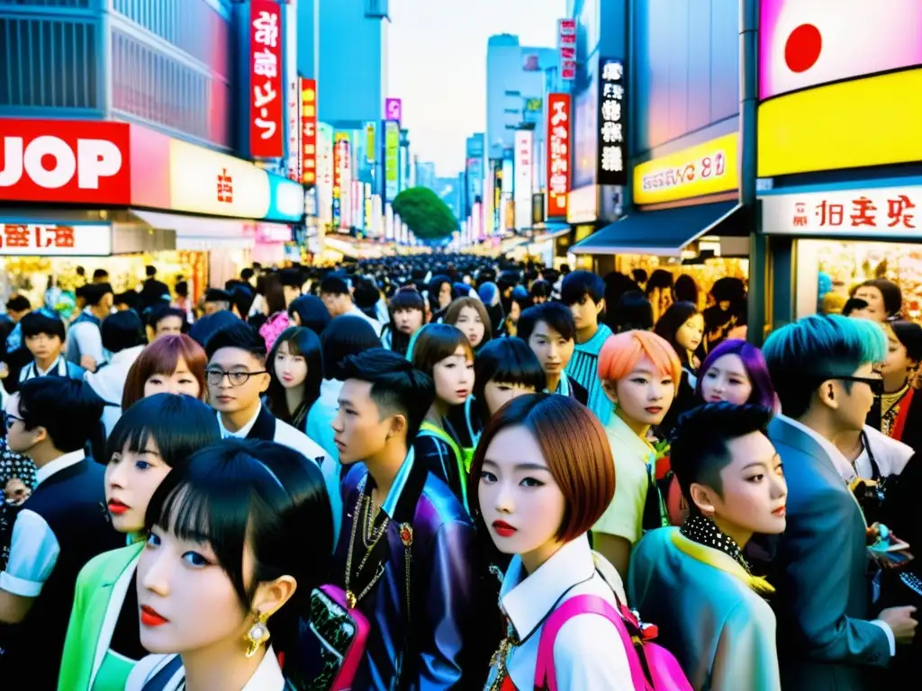 Un retrato detallado de la bulliciosa calle en el distrito de Harajuku en Tokio, capturando el vibrante y ecléctico lenguaje de la moda JPop