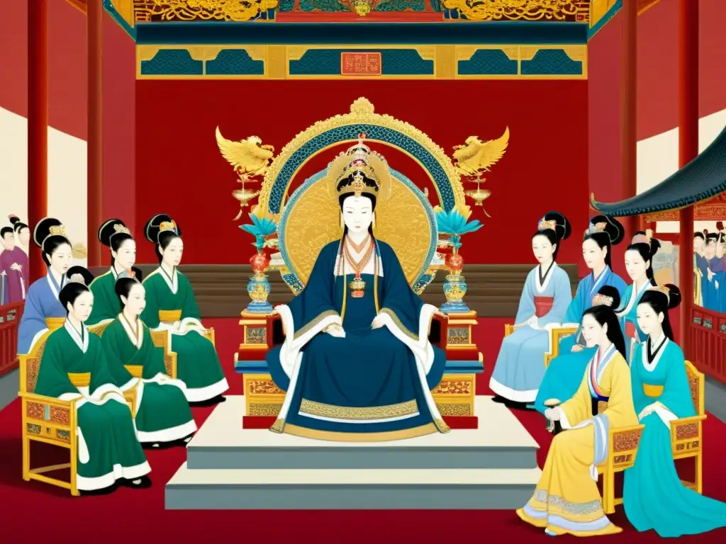 Retrato detallado de la Emperatriz Wu Zetian gobernante China con su corte, exudando poder y autoridad en un majestuoso escenario imperial chino