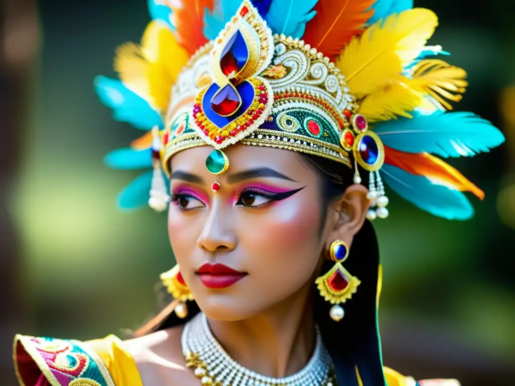 Un retrato detallado del exquisito tocado de un bailarín balinés, con plumas coloridas, piedras preciosas y filigrana dorada