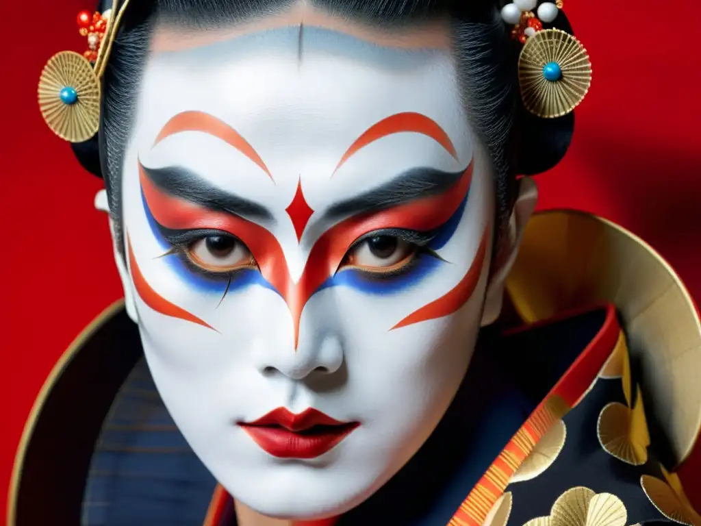 Un retrato detallado del maquillaje impactante de un actor de kabuki, con base blanca, delineador negro y labios rojos intensos