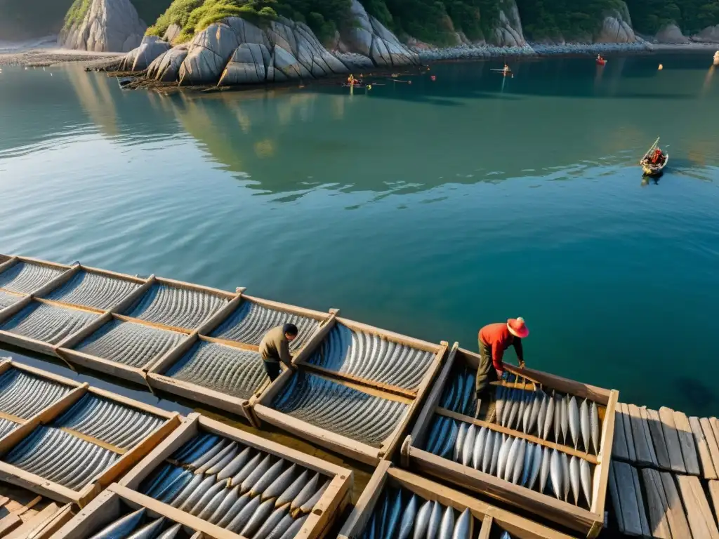 Un retrato detallado de pescadores coreanos secando pescado Hwangtae en la costa rocosa, muestra la autenticidad y misterio de su labor