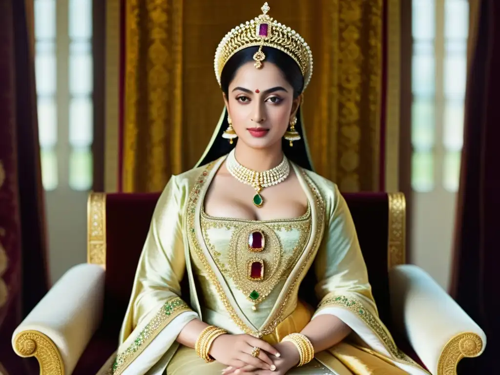 Retrato detallado de la poderosa emperatriz Nur Jahan en el trono, rodeada de cortesanos