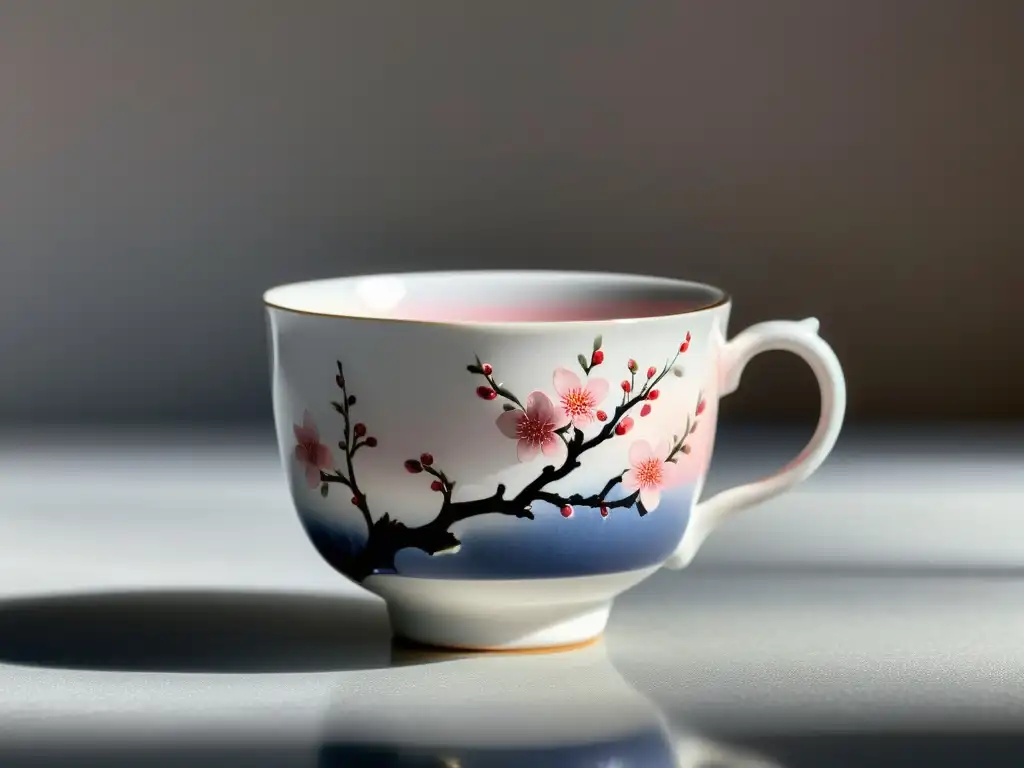 Un retrato detallado de una taza de té japonesa, con un motivo de flores de cerezo pintadas a mano