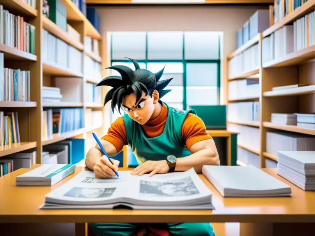 Retrato detallado de Akira Toriyama creando los personajes de Dragon Ball, mostrando su pasión y la influencia de Dragon Ball en la cultura asiática