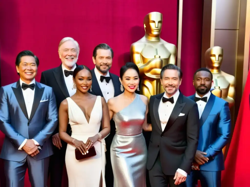 Un retrato de grupo de cineastas y actores asiáticos en el glamuroso escenario de los Óscar, mostrando confianza y orgullo