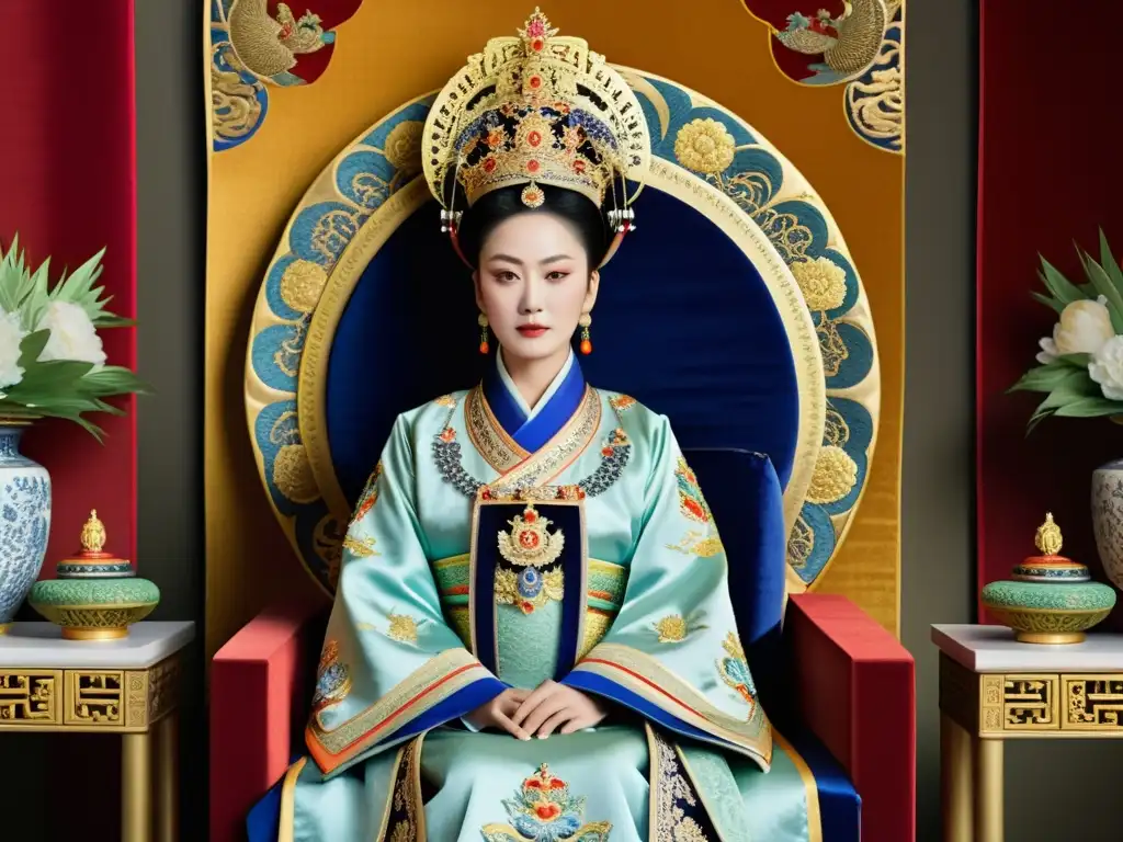 Retrato majestuoso de la Emperatriz Wu Zetian gobernante China, con expresión de determinación y sabiduría, rodeada de lujo y poder imperial