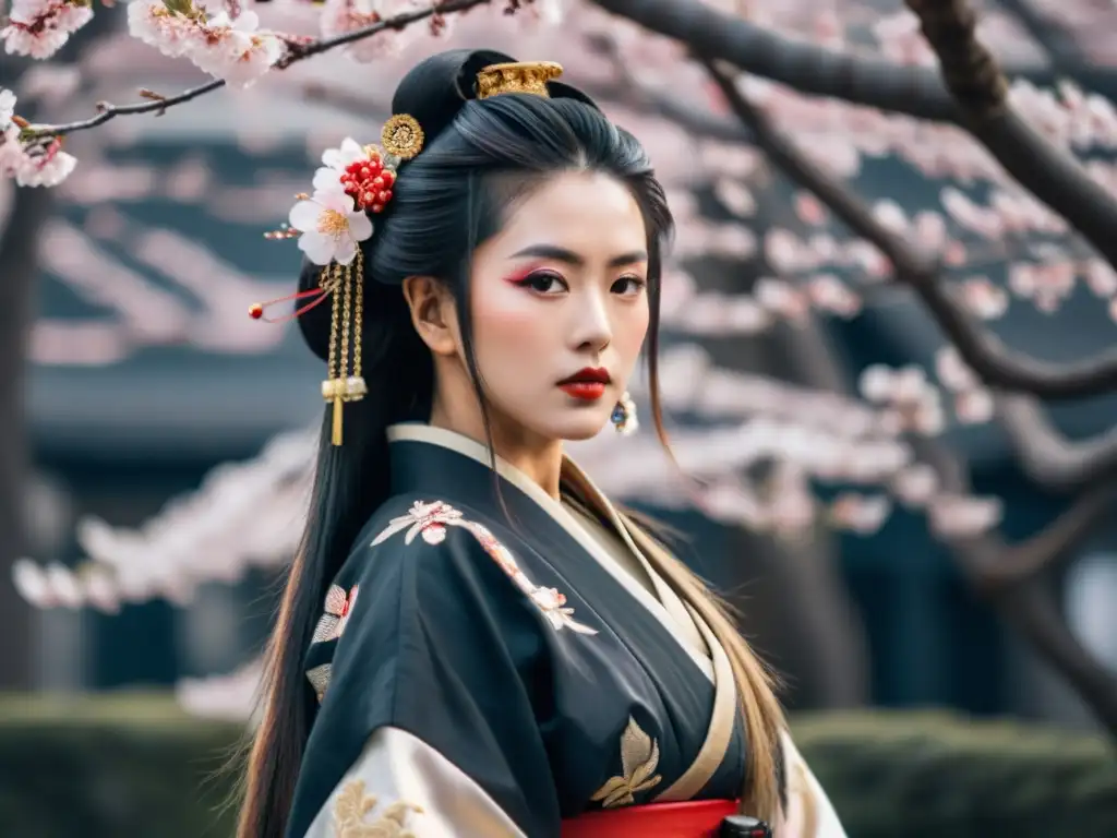 Retrato de una mujer asiática con peinados guerreros, vestida con atuendo tradicional y moderno, junto a una espada samurái y flores de cerezo