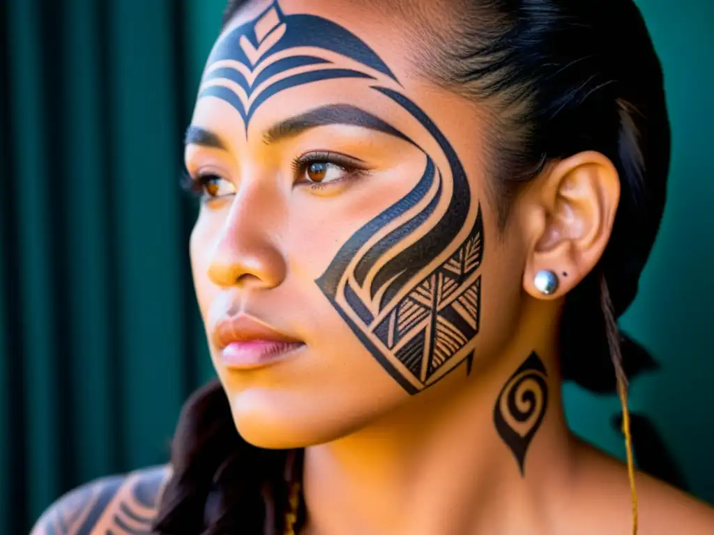 Retrato de mujer maorí con tatuaje facial Moko Kauae, mostrando el significado sagrado del tatuaje tribal asiático