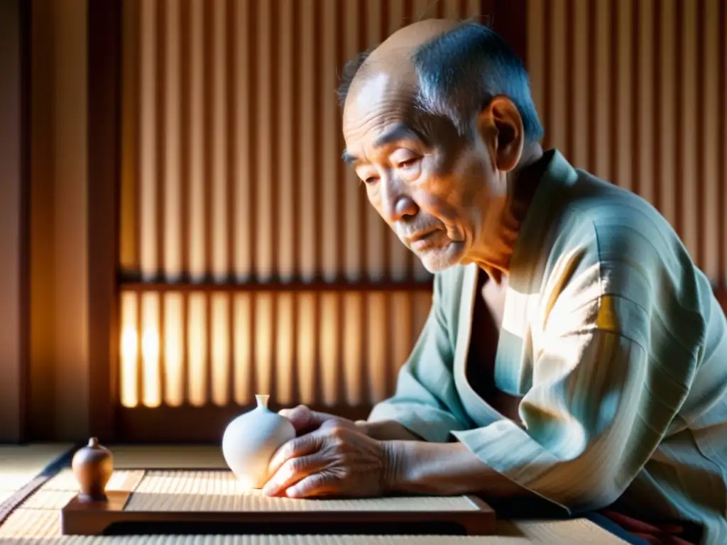 Retrato nostálgico de un anciano japonés sosteniendo una muñeca de porcelana, con una Resonancia de La Casa de las Bellas Durmientes