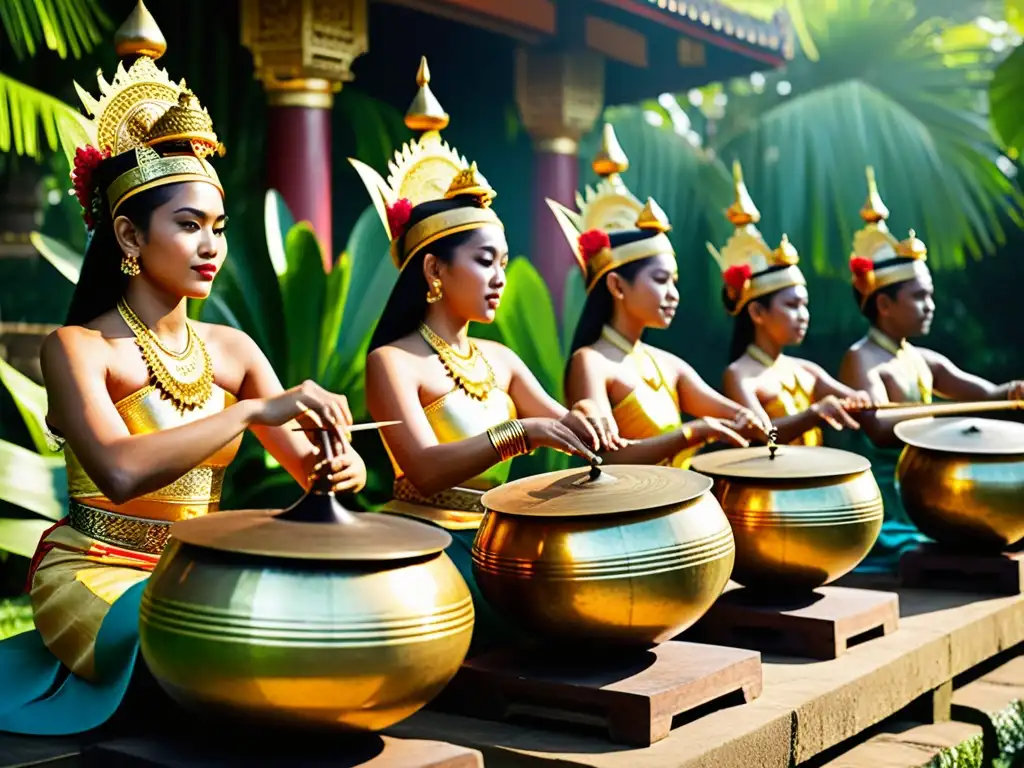 Un retrato de la orquesta tradicional balinesa gamelan con músicos vestidos en trajes vibrantes, tocando instrumentos de bronce