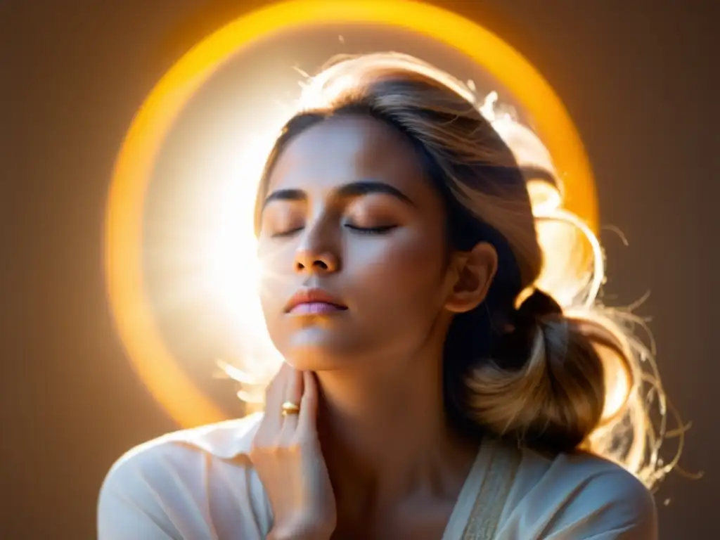 Retrato de una persona en meditación con expresión serena, bañada en luz dorada con energía kundalini despierta poder serpentino