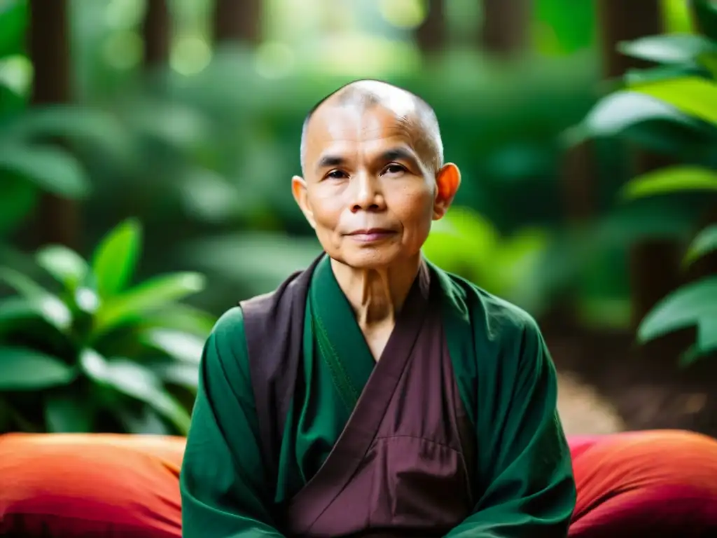 Retrato sereno de Thich Nhat Hanh en meditación, rodeado de exuberante vegetación y luz natural