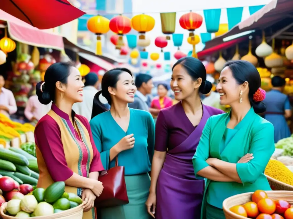 Un retrato vibrante de mujeres asiáticas en un bullicioso mercado, vistiendo trajes tradicionales y compartiendo enérgicas conversaciones