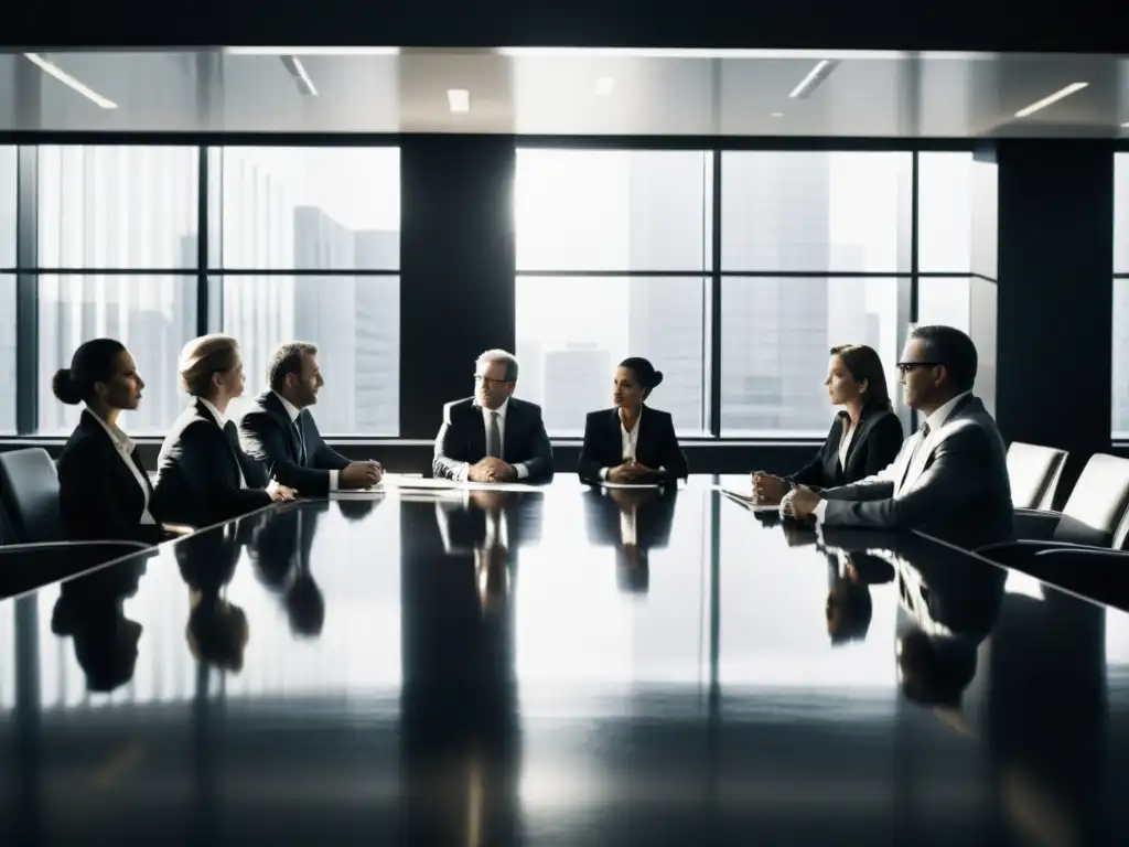 Reunión de ejecutivos en una sala de juntas, reflejando la ética empresarial contemporánea influenciada por Bushido