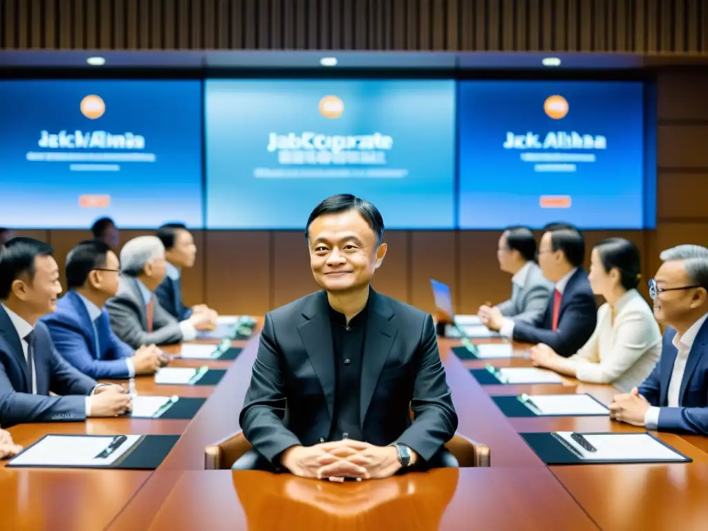 Reunión de estrategias de negocios con arte en moderna sala de juntas de Alibaba, liderada por Jack Ma y su equipo directivo, reflejando ambición y determinación