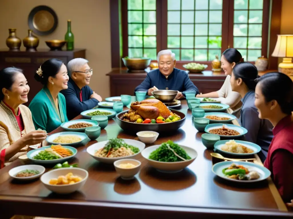 Reunión familiar asiática con influencia del Confucianismo en la mesa