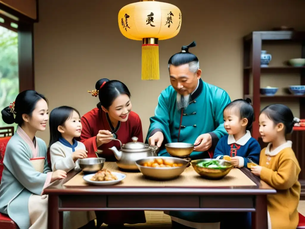 Reunión familiar tradicional china con influencia del Confucianismo en familias asiáticas