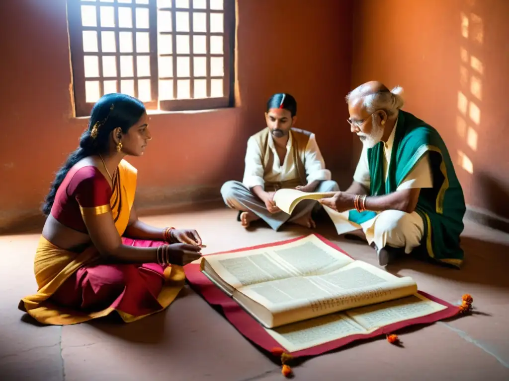 Reunión en India con astrólogo védico, iluminada por luz natural