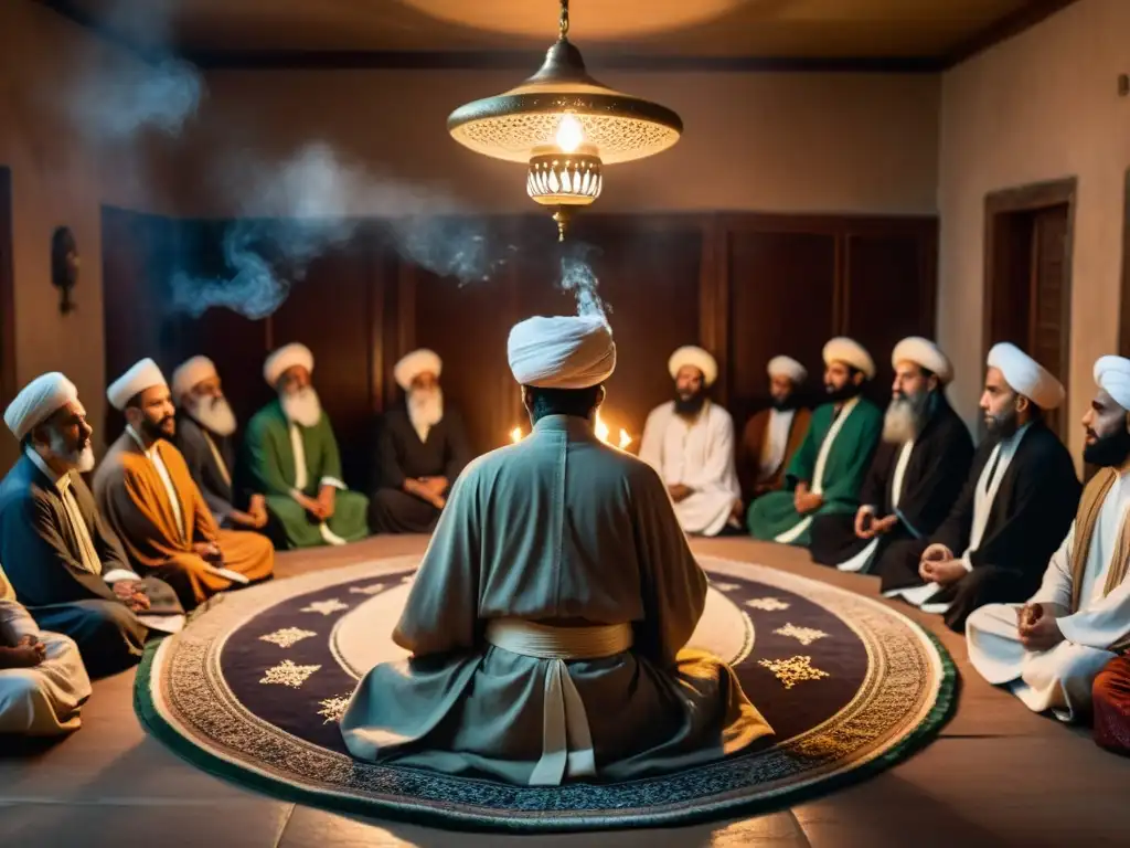 Reunión espiritual Sufi: Maestro guía en Zikr Reunión Sufi en penumbra, con maestro iluminado por velas, creando atmósfera de misticismo islámico y devoción espiritual