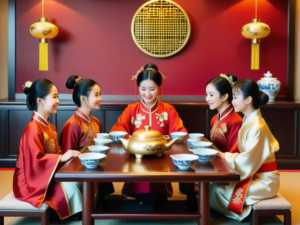 Reverencia y unidad familiar en ceremonia de té, reflejando la influencia del Confucianismo en familias asiáticas