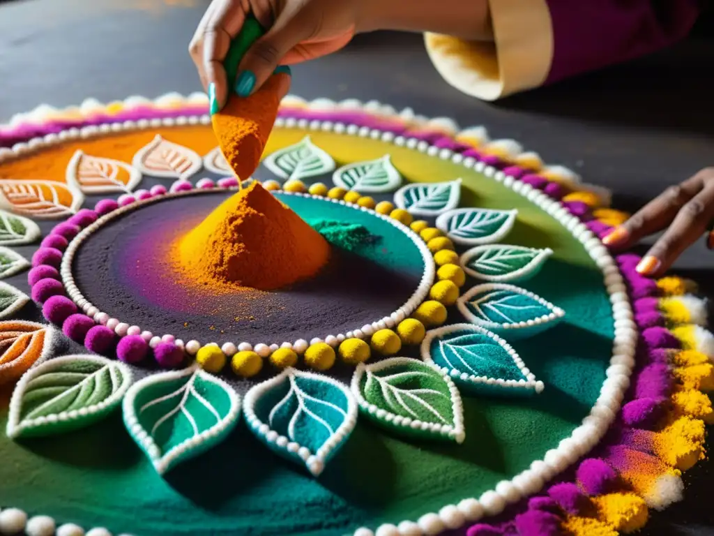 Creación reverente de un rangoli hindú con vibrantes colores, capturando el significado del color en tradiciones hindúes