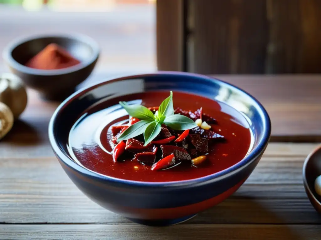 Rica pasta de chile coreana Kochujang en un cuenco cerámico sobre mesa de madera, junto a ingredientes frescos y utensilios tradicionales