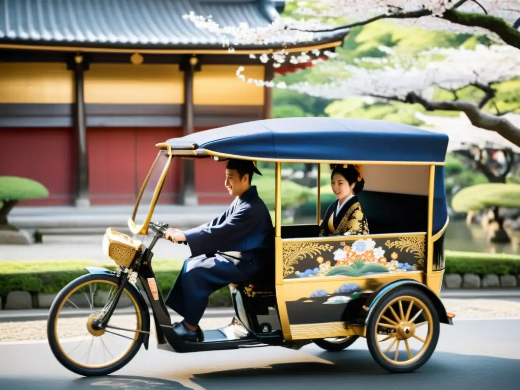 Un rickshaw negro lujoso con detalles en oro es tirado por las calles históricas de Kyoto, rodeado de templos antiguos y jardines tranquilos