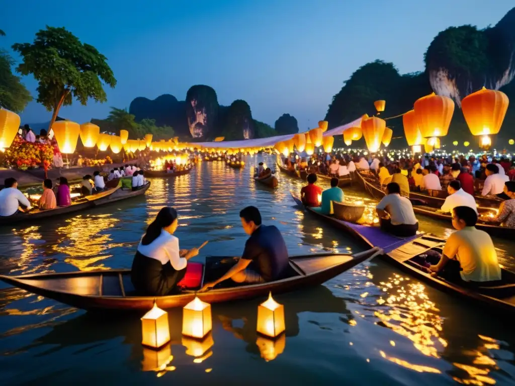 Un río en Tailandia rebosante de vida durante el misterioso festival Loi Krathong Tailandés, con linternas flotantes y krathongs iluminando la escena