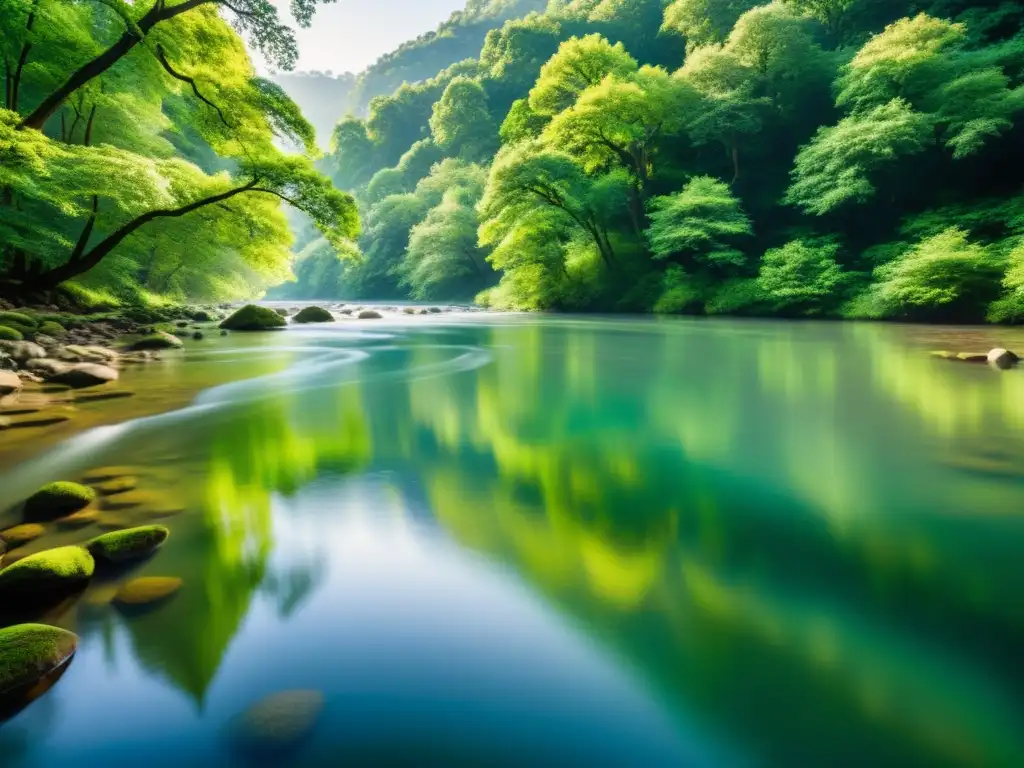 Un río sereno fluye entre árboles exuberantes, reflejando la luz del sol