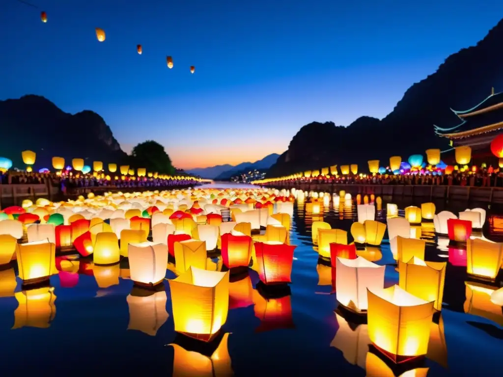 Un río tranquilo iluminado por una multitud de linternas de colores, creando un espectáculo hipnotizante