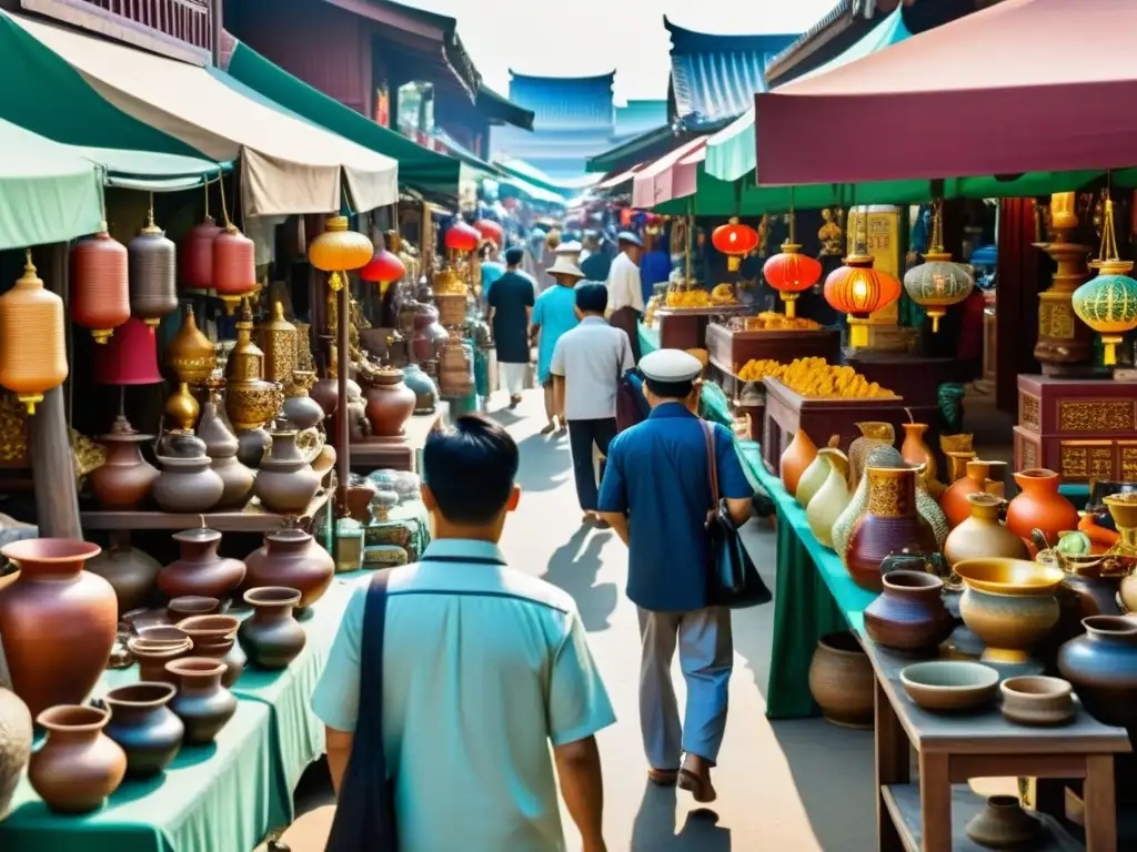 Explora la riqueza cultural en un animado mercado de antigüedades asiáticas