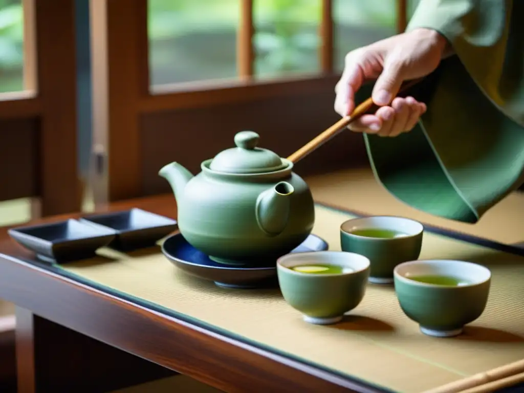 Un ritual asiático de piel porcelana: un maestro de té japonés realiza meticulosamente una ceremonia con un delicado juego de té de porcelana y matcha, iluminado por una suave luz natural