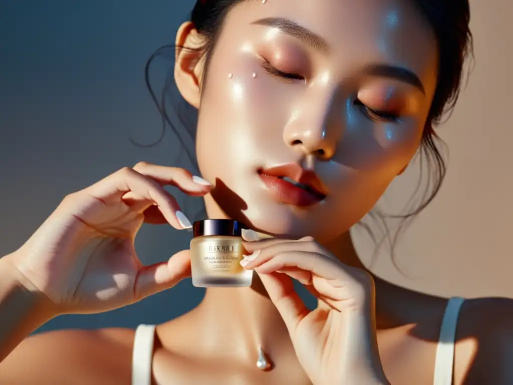 Ritual de belleza coreana: Persona aplicando delicadamente esencia brillante en su piel, con elegancia y sofisticación