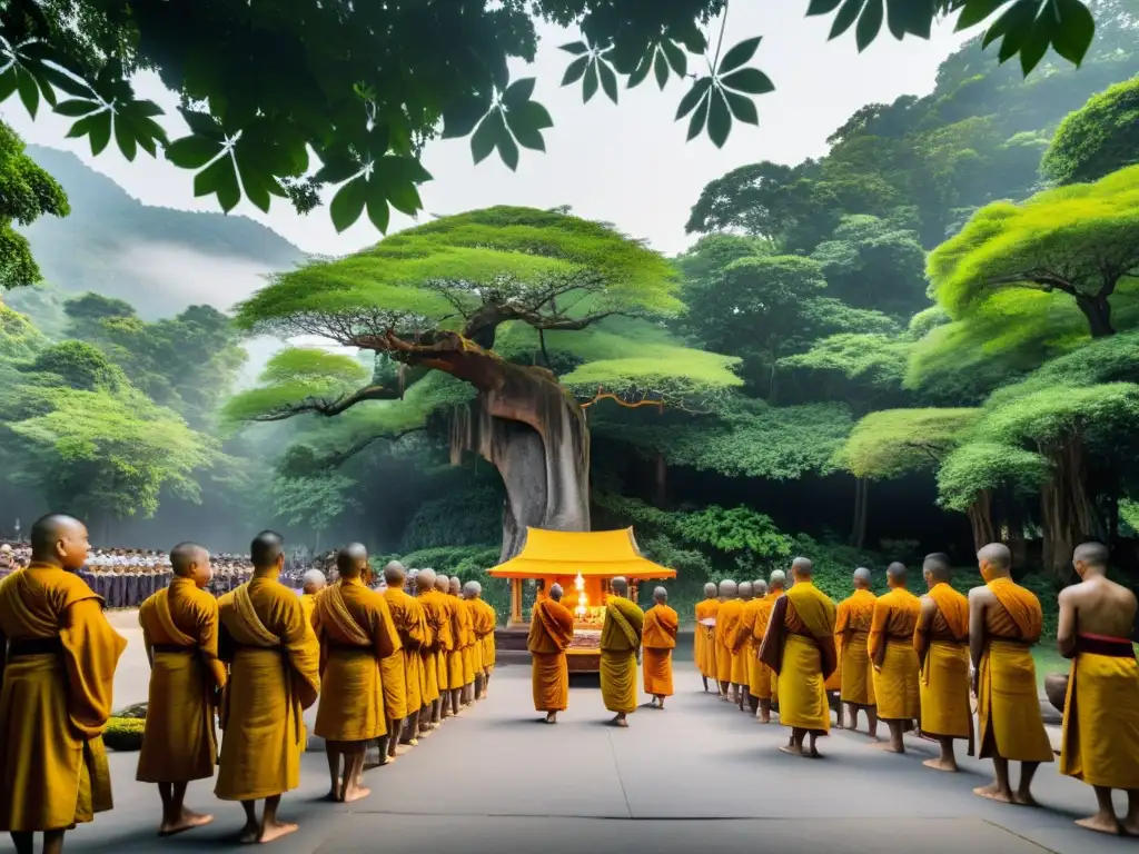 Ritual budista vida después: ceremonia funeral en la selva, monjes y familiares rinden tributo