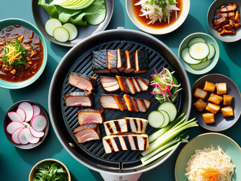 Ritual de asar carne en Corea: Detallada imagen de parrilla coreana con cerdo y platillos, brindando una experiencia visual inmersiva