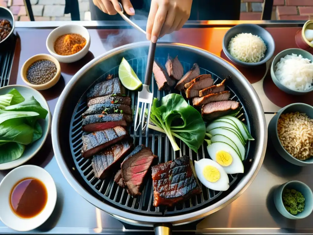 Un ritual de asar carne en Corea: manos expertas cuidan una parrilla de barbacoa coreana con carbón ardiente, utensilios y condimentos