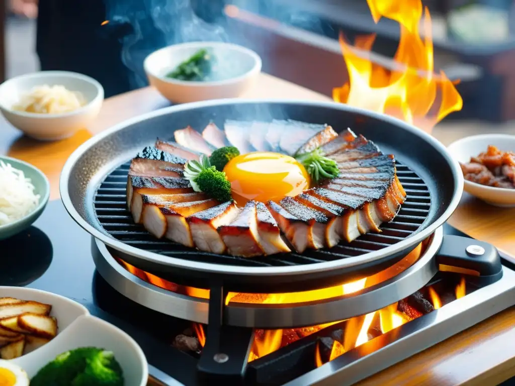 Ritual de asar carne en Corea: Delicioso Samgyeopsal cocinándose en una parrilla en un restaurante coreano tradicional