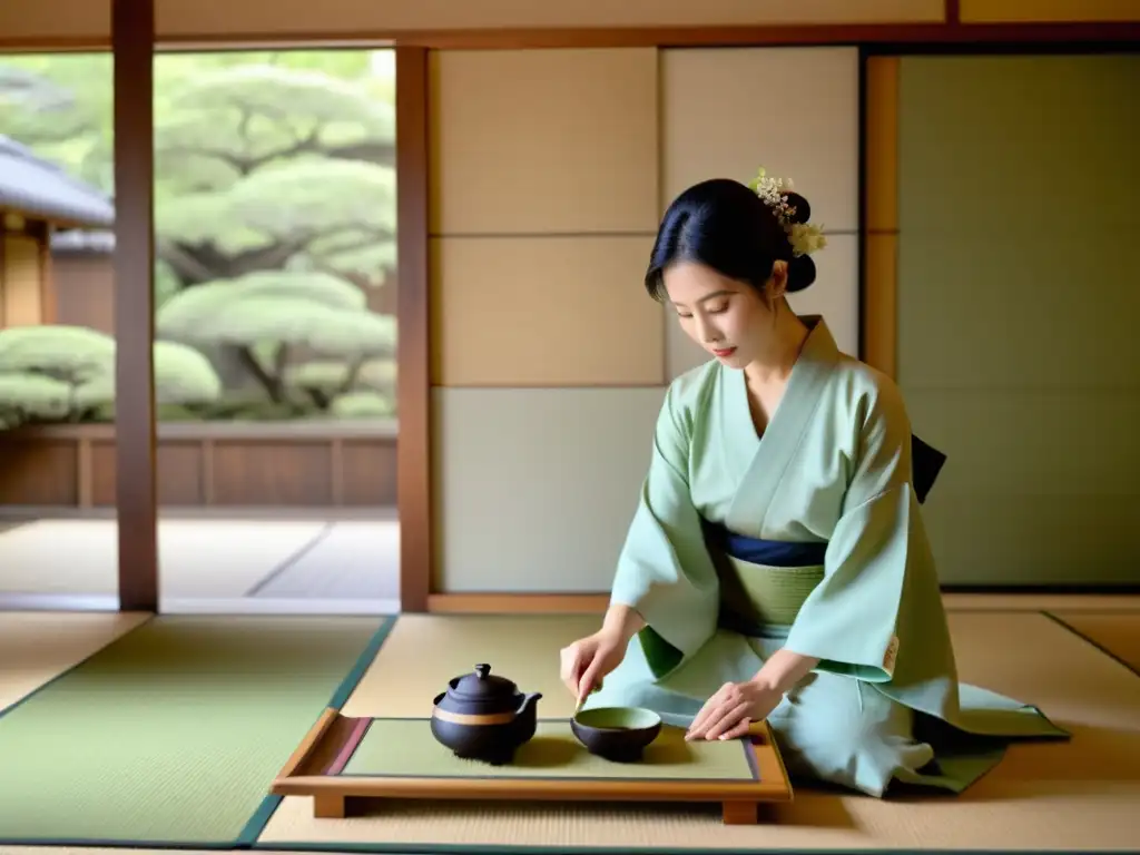 Ritual del té en Japón: Ceremonia tradicional japonesa del té con maestro de té, invitados y elegante decoración en tatami