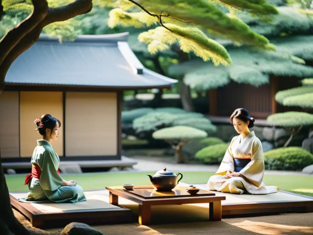 Ritual del té en Japón: Ceremonia tradicional japonesa de té en un jardín sereno con participantes en kimono