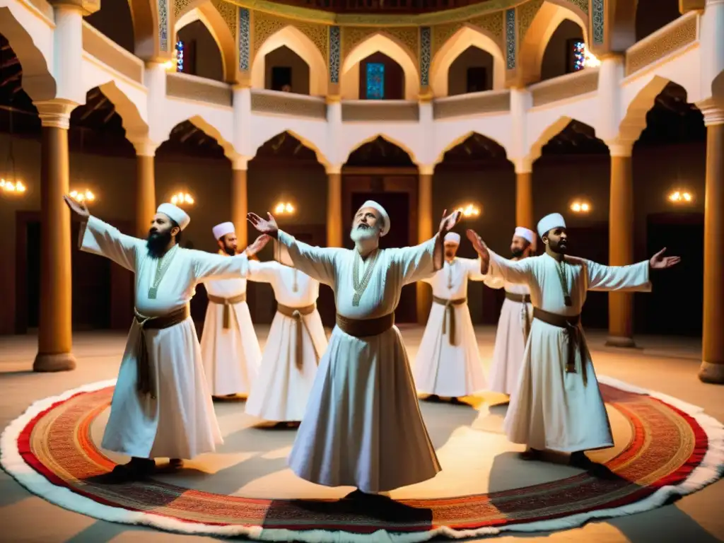 Ritual de Sufi con derviches en trajes blancos girando en círculo