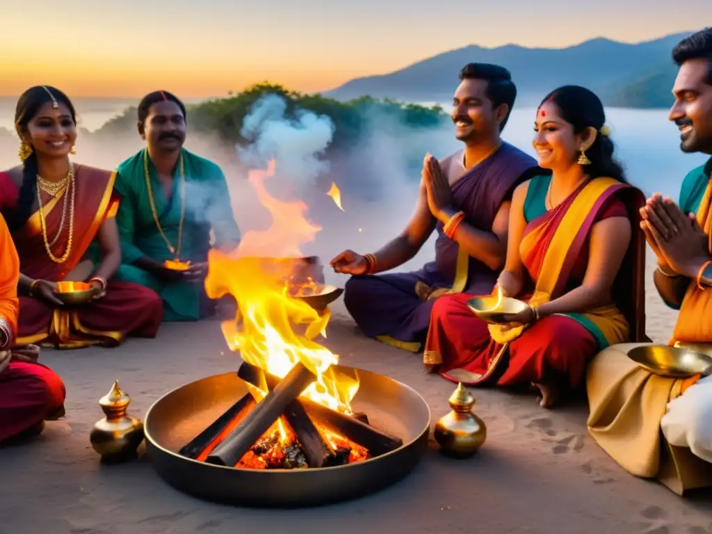 Un ritual hindú al amanecer, con devotos entonando mantras y haciendo ofrendas al fuego