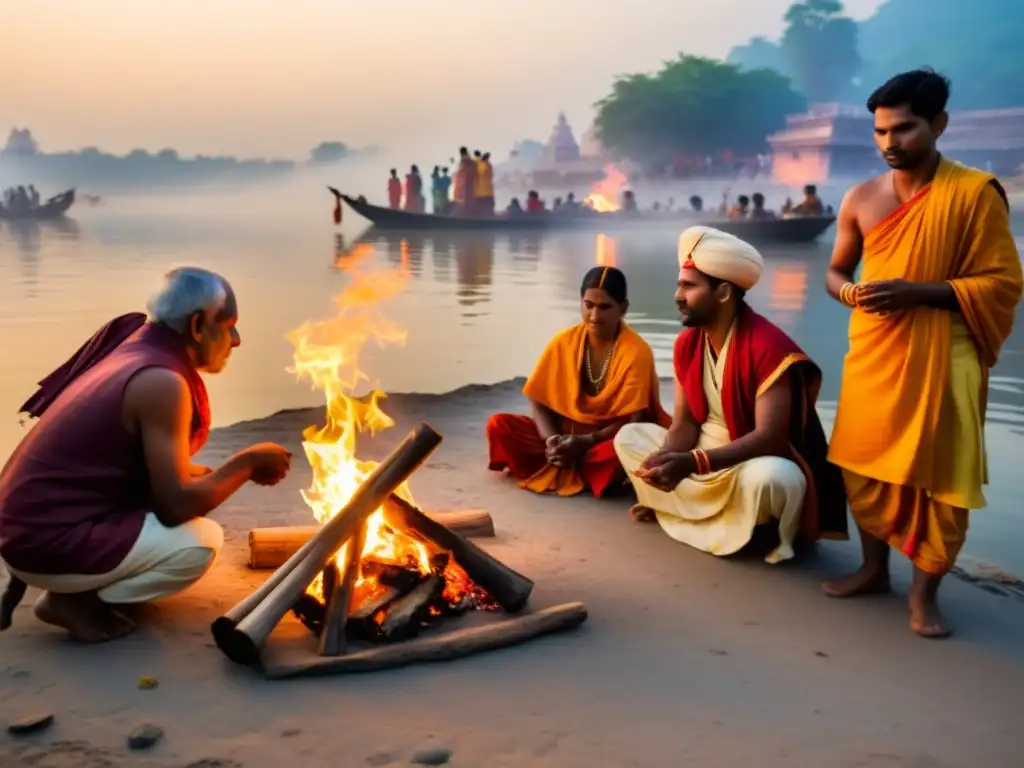 Hindúes realizando un ritual de fuego en el río Ganges al amanecer, destacando el impacto del karma en la vida