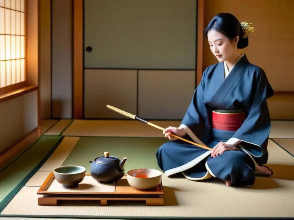 Ritual del té en Japón: Ceremonia serena en tatami con utensilios y kimono, creando atmósfera meditativa