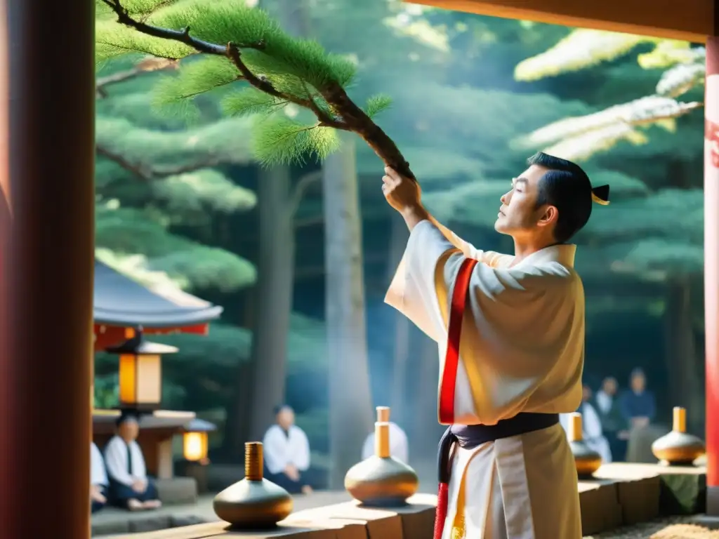 Ritual japonés para superar mala suerte en sereno santuario Shinto, con sacerdote, sakaki y atmósfera tranquilizadora al amanecer