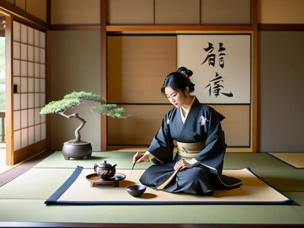 Ritual de té japonés en sala tatami con samurái y anfitriona realizando cuidadosa ceremonia