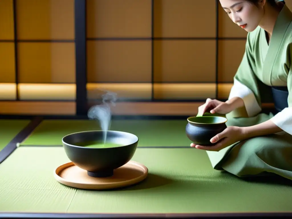 Ritual de té japonés en una serena habitación de tatami, con influencia de literatura asiática en el cine